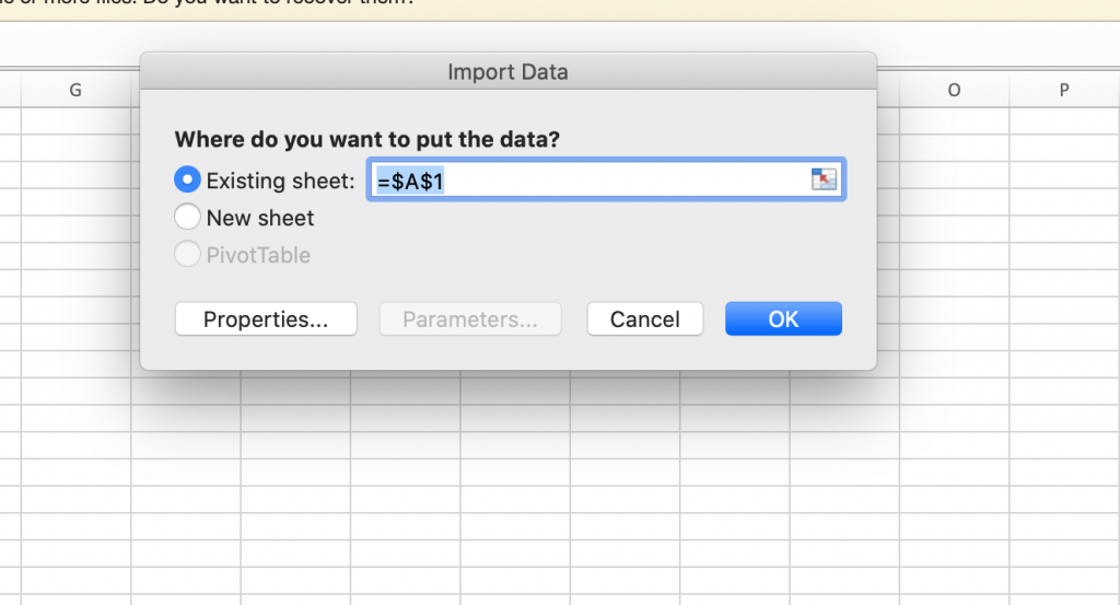 data location in excel