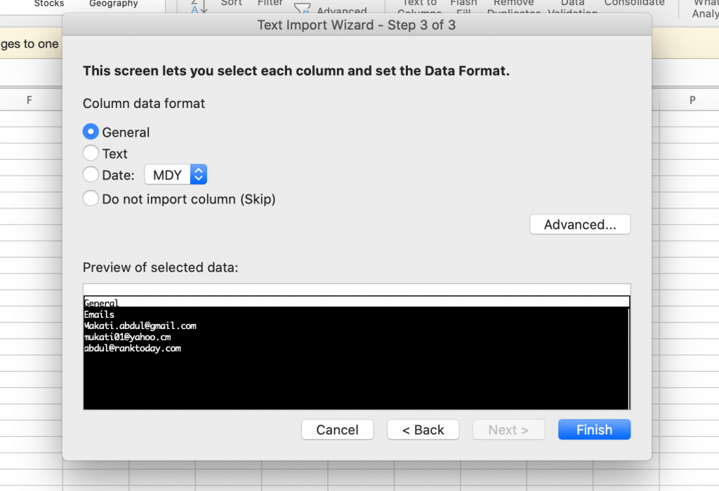 select data format in excel