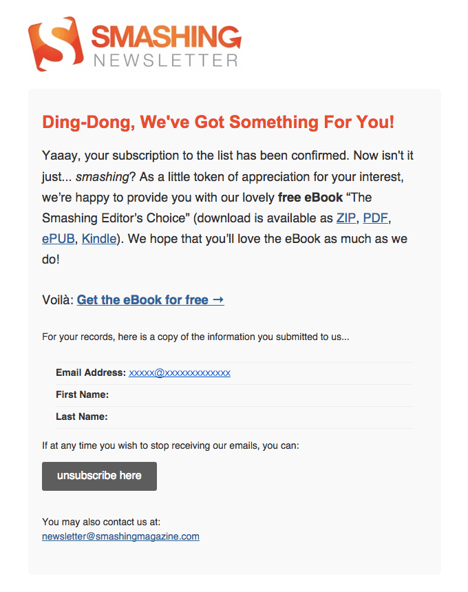 welcome email smashing newsletter